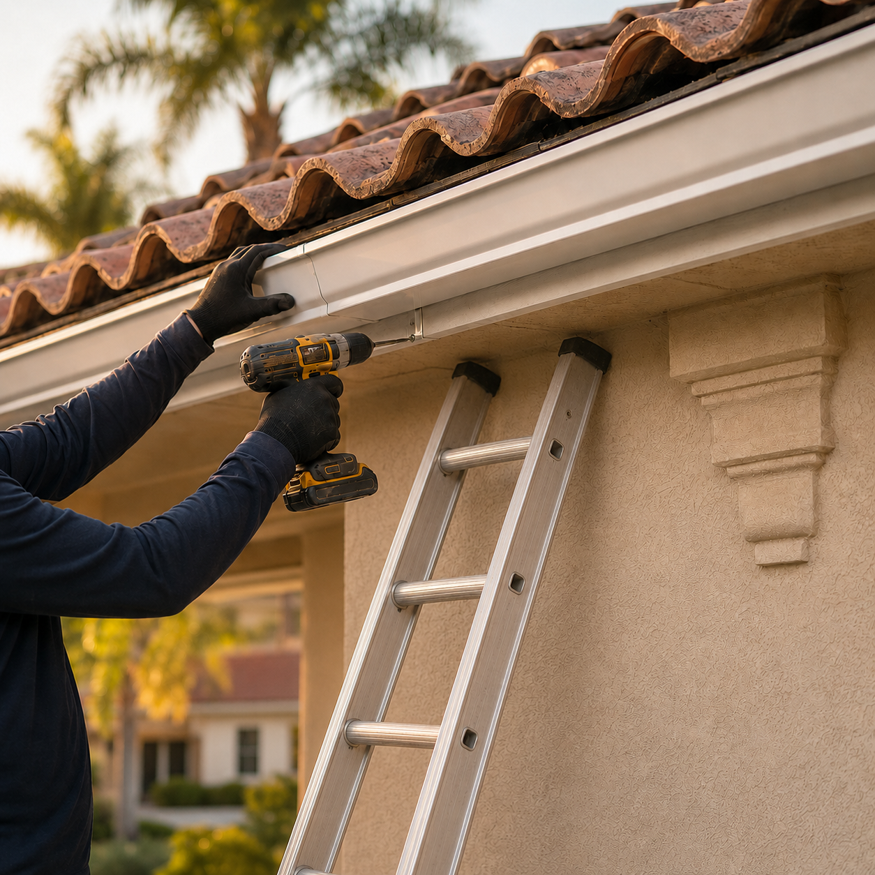 Man on ladder install gutter on house