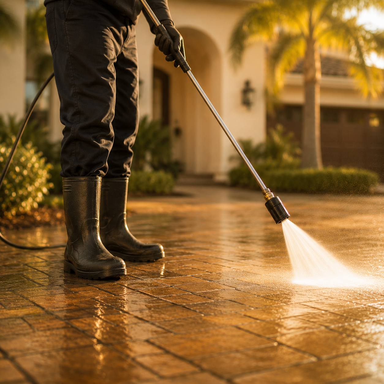 employee pressure washing driveway