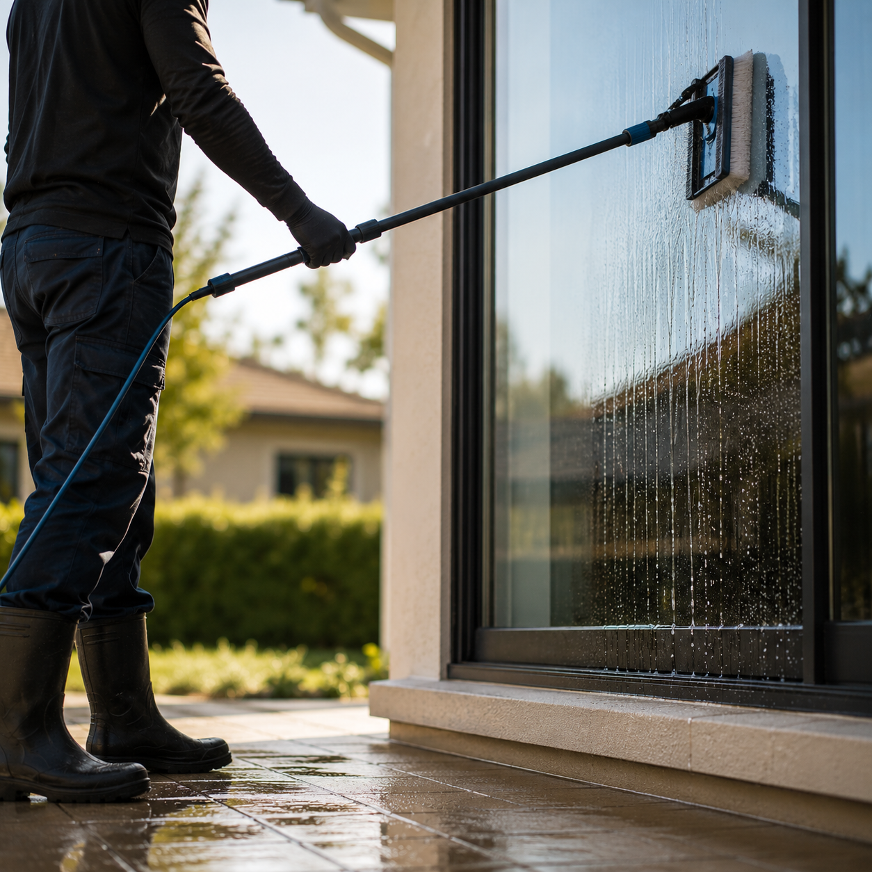 employee washing back window of a house